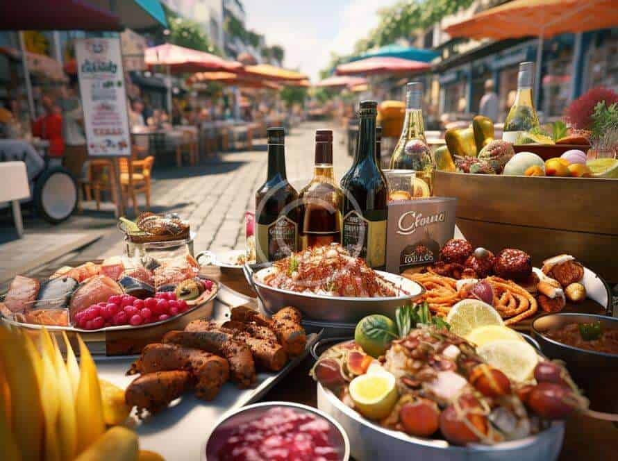 Festin de plats et boissons lors du festival ANTE à Bruxelles, ambiance conviviale et délices culinaires.
